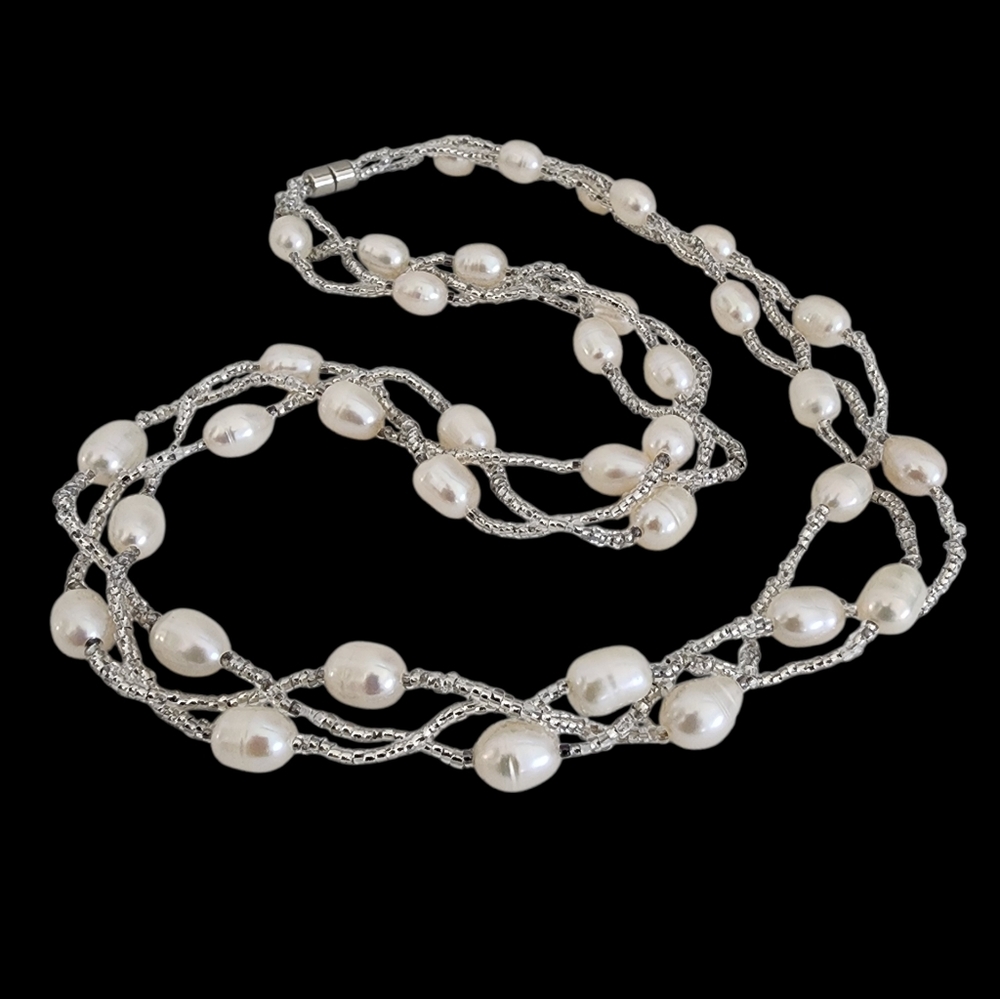 Dainty pearl necklace bead braided genuine pearls magnetic clasp  A0380 Q7
